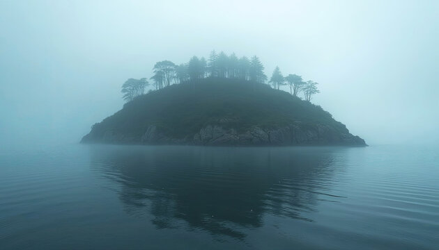 Misty island landscape with trees reflected in calm water, creating a serene atmosphere, evoking tranquility and nature's beauty in a foggy environment