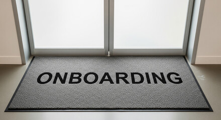 A gray welcome mat sits at the front door, signaling onboarding and new beginnings. The image conveys welcome, preparation, and a fresh start in a professional setting.