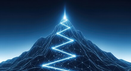 Digital success path to peak achievement glowing blue on abstract mountain wireframe