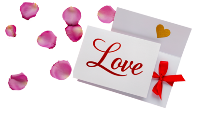 Romantic white card with the word "Love" on the envelope with a red ribbon and rose petals.