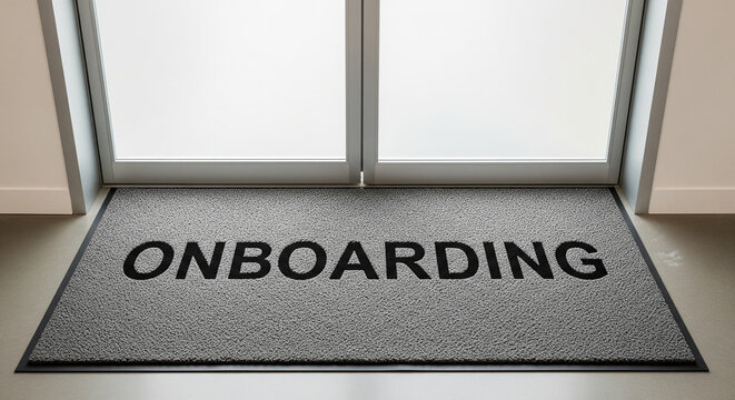 A gray welcome mat sits at the front door, signaling onboarding and new beginnings. The image conveys welcome, preparation, and a fresh start in a professional setting.
