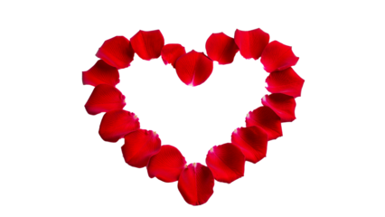 Heart outline made from dark red rose petals on a transparent background.