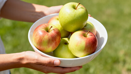 Fresh green and red apples in a bowl held outdoors in sunlight