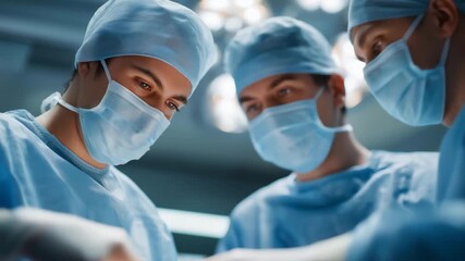 Surgeons reviewing holographic patient body model before robotic operation, emotion of focus and teamwork evident, symbolizing advanced surgical planning, healthcare technology integration, and - Powered by Adobe