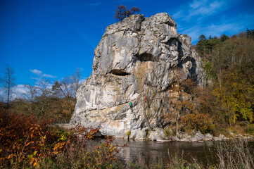 Rock climbing along the Ourthe in Durbuy, Wallonia, Belgium