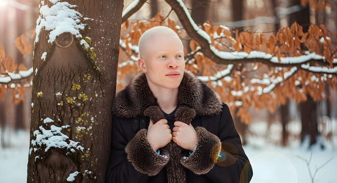 Albino man in Winter Woods: A portrait of a man with albinism embraces the winter setting, leaning against a tree with a serene and contemplative gaze.