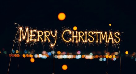 Sparkling merry christmas wishes against a dark night sky with blurred city lights creating a festive holiday atmosphere for seasonal greetings and celebrations