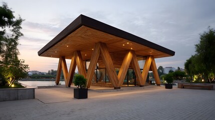 Architectural modern wooden pavilion featuring unique geometric timber supports and a cantilevered roof set by water at dusk
