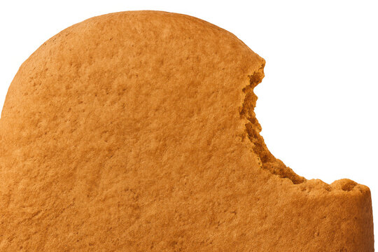 Bitten gingerbread man cookie showing a missing piece, a sweet holiday dessert, isolated on transparent background