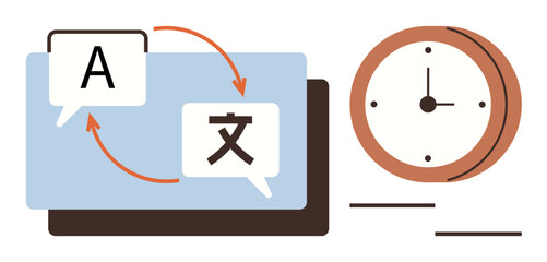 Speech bubbles with arrows loop between languages, a clock symbolizes efficiency and timing. Ideal for translation, communication, global connectivity, linguistics, time management, teamwork, simple