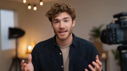 Tech vlogger demonstrating a new gadget in front of camera setup, emotion of enthusiasm and expertise visible, representing digital product reviews, influencer content creation, and professional