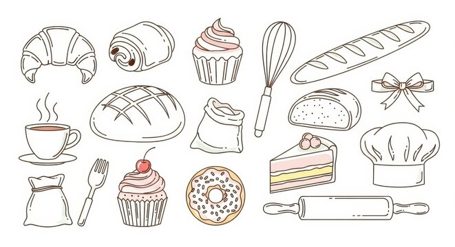 Charming array of hand-drawn bakery delights showcasing croissants, cakes, breads, donuts, and