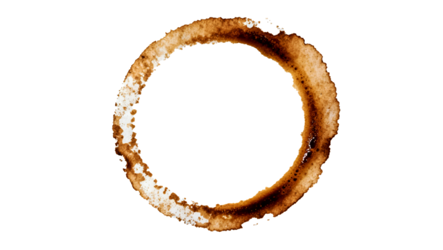 Grunge Brown Coffee Cup Stain Ring Mark Texture Isolated on Transparent Background