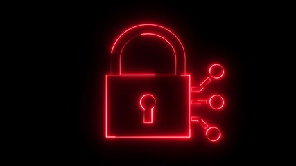 data security icon animation glowing neon red color cyber lock data and network protection circuit privacy safety private encryption technology sign symbol on black background