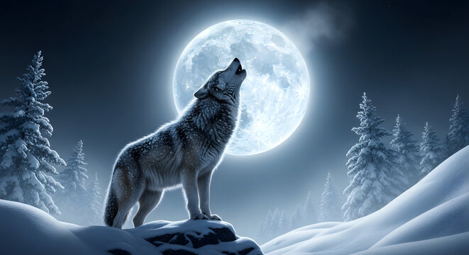 Lunar Symphony: A lone wolf, bathed in the ethereal glow of a full moon, howls into the night sky, his silhouette a testament to the untamed spirit of the wild.