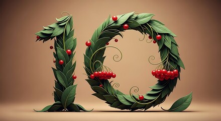 Number ten anniversary design with green leaves and red berries on a beige background for festive celebrations and special occasion marketing materials and invitations