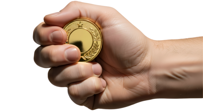 Golden Victory Medal in Hand - Powered by Adobe