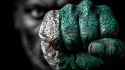 Man shows fist painted with Nigeria flag colors closeup, symbolizing national pride and patriotism for Nigeria