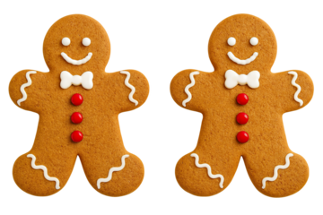Pair of gingerbread man cookies decorated with white bow ties and red buttons on a white background
