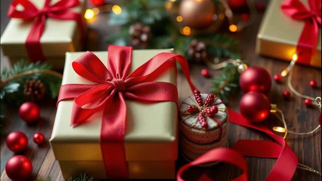 Golden gift box red ribbon festive ornament pine branch holiday decor warm glow on wooden table cozy mood christmas wrapping factory joy flows as ribbons curl gift box bow bauble ornament pine