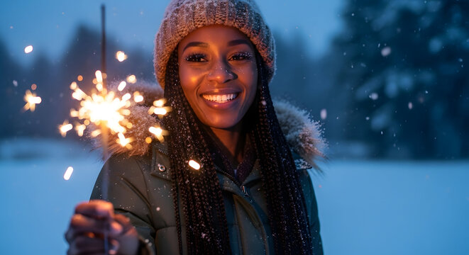 Sparkling Winter Cheer: A radiant individual, bundled in cozy winter attire, holds a sparkler that illuminates her joyful face, set against a serene, snow-covered backdrop. - Powered by Adobe