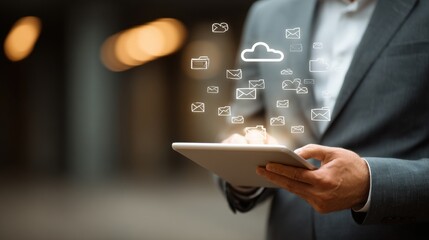 Businessman uses digital tablet for Cloud Data Management and File Transfer, modern document system for digital sharing and cloud backup