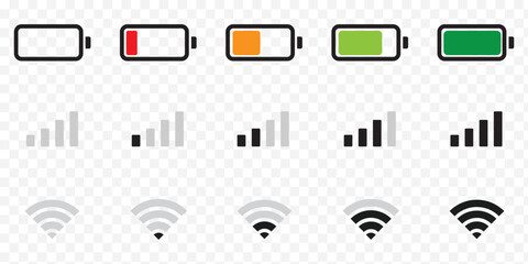 Smartphone wifi and battery icons. Mobile phone indicators, battery charge levels, 5G and wifi signal strength icons flat vector illustration set. Network wireless symbols on Transparent background. E