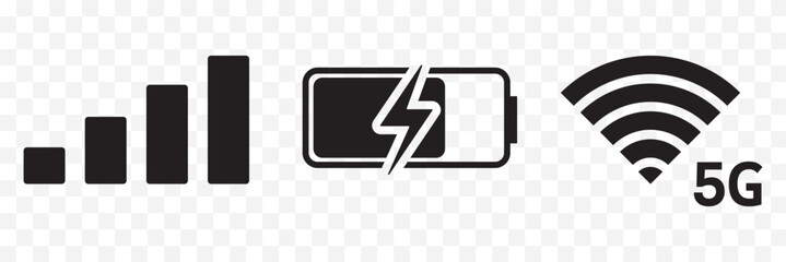 Status bar icon, symbol. Mobile phone signal with 5G, battery, wi-fi and Charging. Best Collection. Vector illustration. EPS 10