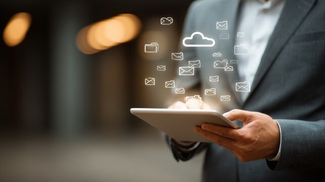 Businessman uses digital tablet for Cloud Data Management and File Transfer, modern document system for digital sharing and cloud backup