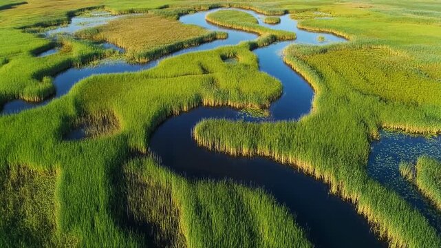 Drone footage soaring above an intricate mosaic of wetlands with luminous green reeds and winding channels