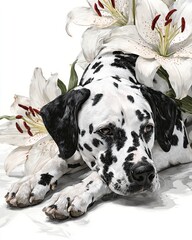 Dalmatian dog with white lily flowers, calm gentle pet portrait, soft floral background, elegant dog artwork for posters, decor, and creative design projects.