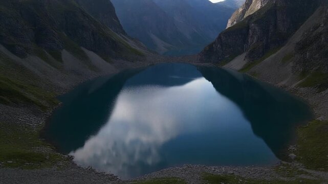 Aerial perspective showing a calm mountain lake encircled by steep cliffs and light reflecting off the surface