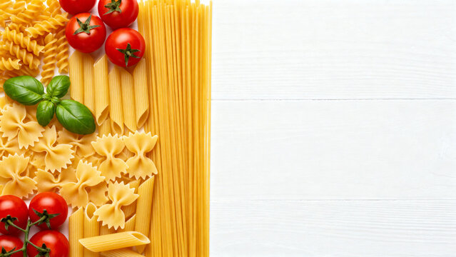 Fresh pasta ingredients arranged on white wood for delicious Italian cooking ideas