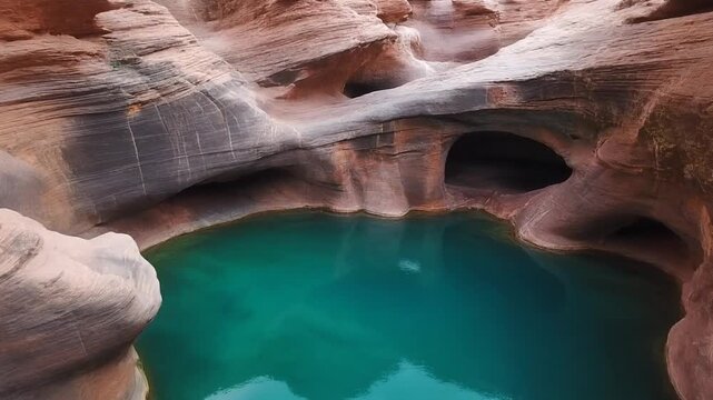 Drone footage gliding above a hidden canyon pool with deep emerald water surrounded by sculpted rock