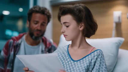 Young patient reviewing examination results on holographic screen with physician nearby, emotions shifting from nervousness to optimism, symbolizing advanced healthcare technology and human - Powered by Adobe