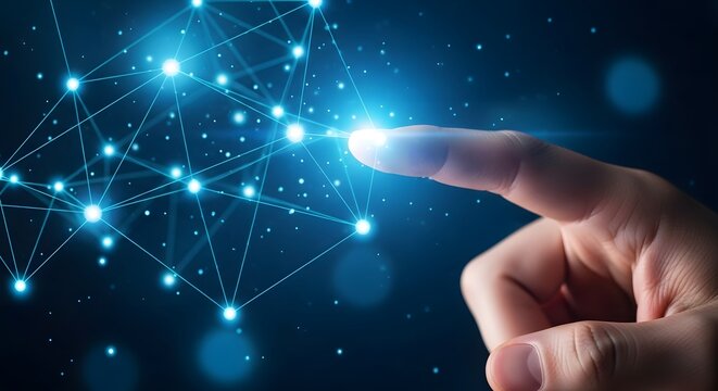 Human Finger Interacting with a Glowing Digital Network of Connections.