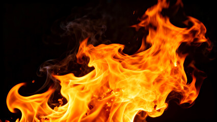 Fototapeta premium Realistic Orange Fire Flame Burning Effect Isolated on Black Background.