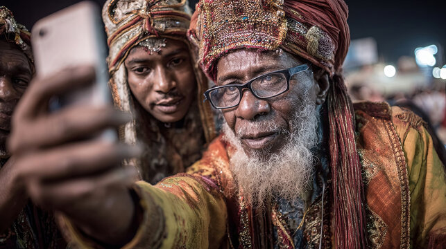 Elderly man with a long beard and colorful attire is taking a selfie with a smartphone, surrounded by friends in traditional clothing, capturing a joyful moment of celebration - Powered by Adobe