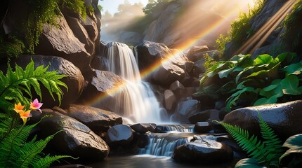 A Beautiful summer waterfall cascading down rugged rock formations surrounded by lush deep green foliage with varying textures and shades, warm sunlight streaming through the mist.