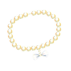 Pearls decoration with a bow. In watercolor style, gentle girlish style, glossy highlights, elegant coquettes in retro style, isolated on white background.