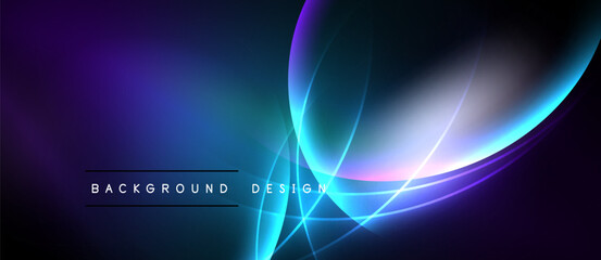 Abstract background features vibrant blue, purple hues. Glowing lines create dynamic, modern visual effect. Minimalist design with text elements.