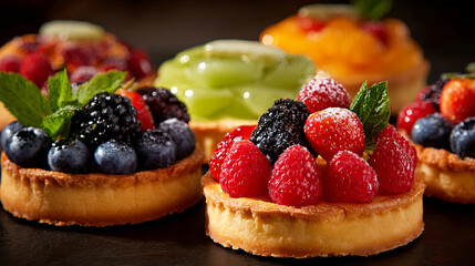 Colorful fruit tarts with fresh berries and mint leaves arranged beautifully on a dark surface, showcasing vibrant textures and appetizing details for dessert lovers