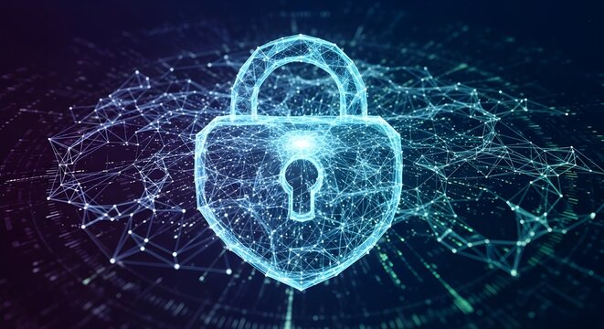 Holographic-style glowing blue padlock structure against a dark background with interconnected dots and lines, depicting secure digital communication and data integrity.
