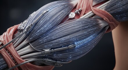 Cybernetic Human Arm Implant Concept Featuring Muscle Fibers and Metal Components Offering Vision of Future Technology and Bionics Innovation with Medical Advancements