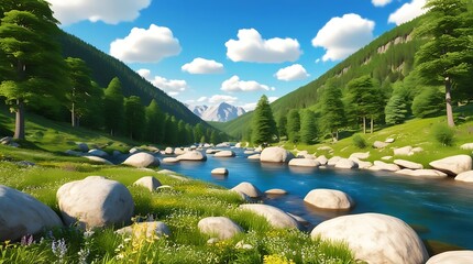 Valley in peak summer with a lush green forest featuring dense foliage and tall trees, a clear blue river flowing gently through large rocks and boulders, under a bright sky.