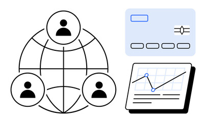 People connected via global network, credit card representing online payments, and tablet showing analytics chart. Ideal for finance, technology, business, teamwork, connectivity, globalization