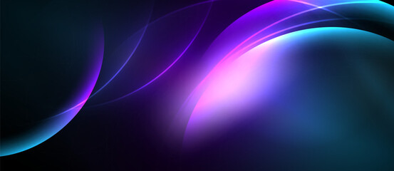 Abstract flowing shapes, vibrant blues, purples create dynamic energy. Smooth gradients suggest movement, light interplay. Minimalist design.