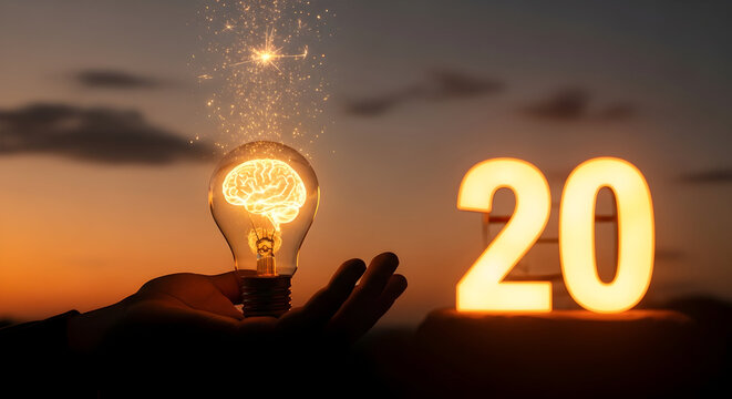 Illuminated Brain in Lightbulb Symbolizing Innovation and the Year 20.