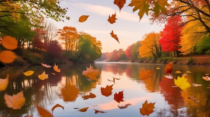 Peaceful autumn river with delicately floating leaves in shades of amber and gold, a warm soft sky with hues of peach and lavender, reflections of vibrant colorful trees with branches stretching.