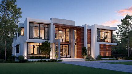 Fototapeta premium Modern Residence With Wood Accents And Large Glass Windows modern house architectural rendering